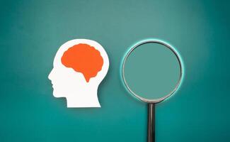 A brain shape made from paper and a magnifying glass on a green background photo