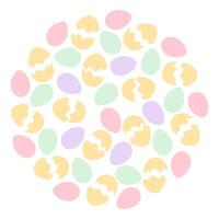 Cracked eggshells and colorful Easter Eggs Circle frame in trendy soft shades. Festive background. Isolated illustration Thematic cards, leaflets, banner, price tag, label or web promo booklets vector