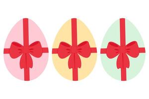 Painted chicken eggs in trendy festive colors with red ribbon bow. Easter design elements idea Set 3. Isolated illustration Thematic cards, posting or web promo leaflets, banner, price, labels vector