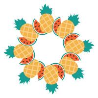 Pineapple and Watermelon slices Circle Frame border in trendy minimalist Summer Copy space Template. Isolated illustration Thematic cards, posting, blogging or web promo leaflets, banner, label vector