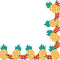 Watermelon slices and whole Pineapple Corner Frame border Summertime Copy space Template Minimalist. Isolated illustration Thematic cards, posting, blogging or web promo leaflets, banner, label vector