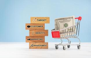 Wooden cubes with icons of business and the letters target, customer, identity, marketing, management and mini shopping trolley with US dollar banknotes photo