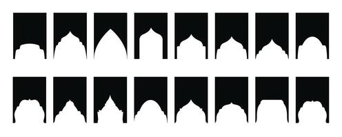 Arabic shapes windows and arches traditional ornament. Set of Islamic shape window frame in retro boho color. vector