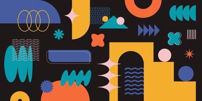Abstract retro shapes composition, frames and symbols, basic brutal forms and figures in Y2K aesthetics, vintage stickers, logos, labels. Decorative design elements, illustration. vector