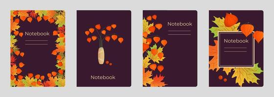 Set of cover designs for notebook, notepad, book, catalog with autumn maple leaves and physalis. Template of vertical format A4, A5. vector