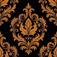 Damask pattern with orange flowers on black background vector