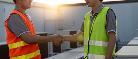 Engineers team shake hand after install air condition systems on site. Contractor and inspector inspection construction during project. civil Forman check quality assurance control. Audit, inspect photo