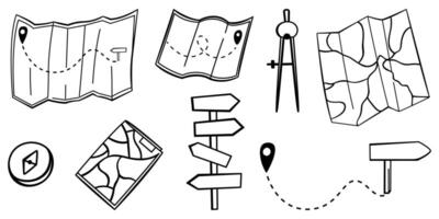 Hand drawn camping navigation. Folded Paper Maps with a Route. Map for Camping, Hiking, Local Tourism. vector