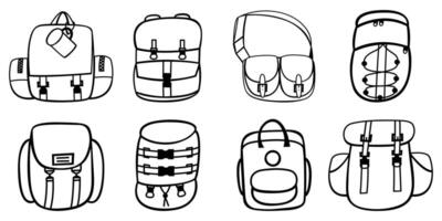 Collection of Tourist Backpacks. Outline Isolated on White Background. vector