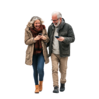 An older couple walking together while using their cell phones png