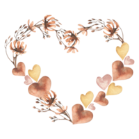 Valentine's heart shape frame with field monochrome mocha mousse and beige flowers with watercolor abstract hearts. Isolated banner for romantic and lovers greeting card, invitation, poster web design png
