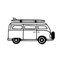 A black and white drawing of a van with a surfboard on top vector