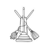 A black and white drawing of a broom and mop vector