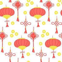 Seamless pattern with traditional Chinese lanterns, knots, and golden coins isolated on white background, symbolizing luck and prosperity vector