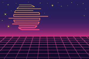 Retro futuristic landscape with neon grid, abstract sun, and starry sky in vaporwave style. Nostalgia abstract poster with copy space. Good for banner or background vector