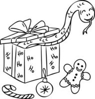 Funny illustration of snake popping out of Christmas gift box surrounded by candy cane, ornament, and gingerbread cookie. Hand drawn drawing isolated on white background for coloring pages vector