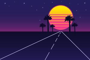Retro vaporwave background with neon sunset, palm trees, and road under starry sky, evoking 1980s nostalgia and synthwave aesthetics. Nostalgia poster with copy space vector