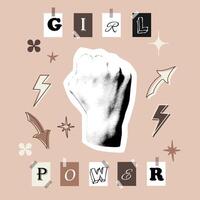 Empowering graphic collage with raised fist, Girl Power creative lettering and decorative element like stars, lightning bolts, and arrows in modern, retro inspired style vector