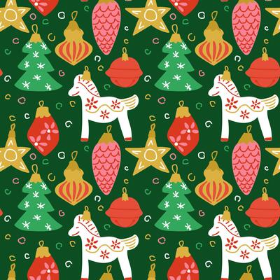 Festive seamless Christmas pattern with decorative ornaments, rocking horses, stars, trees, and confetti on green background.