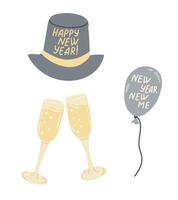 New Years celebration illustration with champagne glasses, festive hat, and balloon with hand drawn New Year, New Me message, symbolizing joy and renewal. Clipart isolated on white background vector