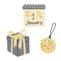 Festive New Year illustration with calendar marked January 1st, gift box with golden ribbon, and golden disco ball ornament vector