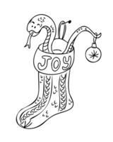 Whimsical Christmas illustration with snake peeking out of festive stocking labeled JOY, with hanging ornament on its tail. vector