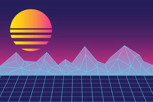 Retro futuristic vaporwave landscape with neon grid, polygon mountains, and vibrant striped sun against a gradient sky. Nostalgia abstract poster with copy space. vector