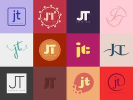 JT logo company template. Letter j and t logotype. Set different classic serif lettering and modern bold text with design elements. Initial font typography. vector