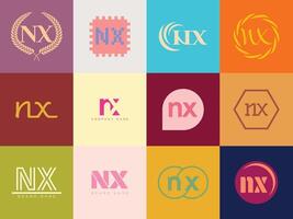 NX logo company template. Letter n and x logotype. Set different classic serif lettering and modern bold text with design elements. Initial font typography. vector
