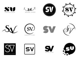 SV logo company template. Letter s and v logotype. Set different classic serif lettering and modern bold text with design elements. Initial font typography. vector