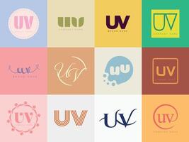 UV logo company template. Letter u and v logotype. Set different classic serif lettering and modern bold text with design elements. Initial font typography. vector