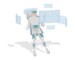 VR virtual reality. Workplace with a computer of the future. A man working in hologram. illustration. Flat design, no transparency, easy to edit. vector
