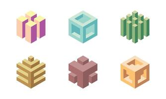 Cube logo, geometric design. Set box logotype company, trendy techno emblem in isometric 3D style. vector