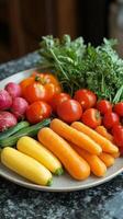 Fresh assorted vegetables on plate carrots, radishes, tomatoes, zucchini, herbs photo