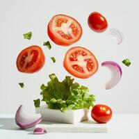 Fresh vegetables floating tomatoes, onion, and lettuce on white background photo