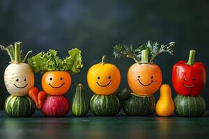 Smiling vegetable characters with happy faces in a colorful arrangement photo