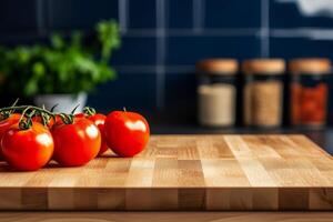 Fresh red tomatoes on wooden cutting board with kitchen spices in background photo