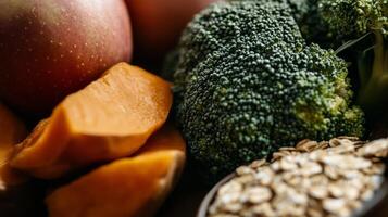 Assorted healthy vegetables and fruits with whole grains close-up photo