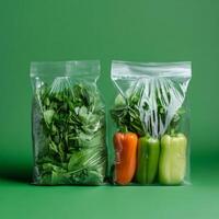 Fresh bell peppers and leafy greens in clear plastic bags against green background photo