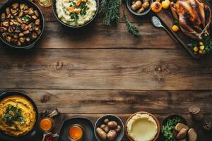 Thanksgiving feast with roast turkey, mashed potatoes, and seasonal vegetables on wooden table photo