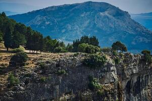 Scenic cliffs and forested landscape with distant mountains under a hazy sky photo