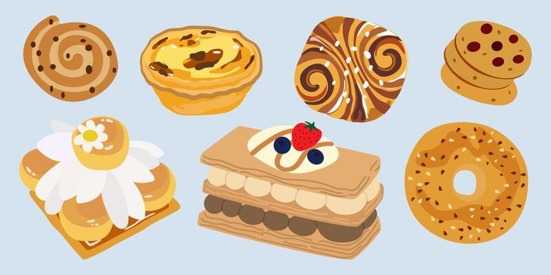 French pastries for bakery menu design. Bakery cute food set. Retro stickers for bakery and coffee shops. Sweet baked desserts from wheat flour