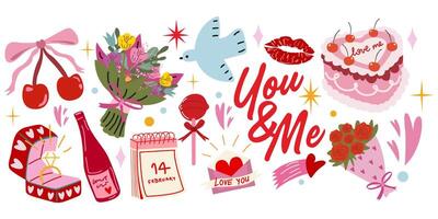 flat stickers for St. Valentine's Day in retro style. Cute set of romantic elements for Valentines day vector