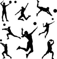 set of volleyball player silhouette illustration in various pose isolated on white background vector
