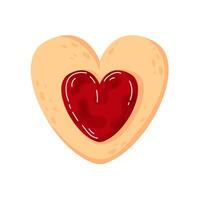 Heart shaped cookie with strawberry jam in cartoon style. Sweet love symbol of linzer cookie for Happy Valentine Day holiday. Icon for bakery isolated on white background. vector