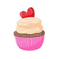 Cute cupcake with creamy frosting in a pink wrapper topped with a red heart in cartoon style. Ideal for Valentine Day, bakery, dessert and celebration themed design. vector