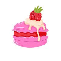 Pink macaroon with spreadable cream and raspberry on top in cartoon style. Valentine Day design for bakery, cafe menu. illustration isolated on a white background. vector