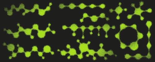 Pixel pattern molecule neon shapes. Textured cosmic elements with bitmap Y2k dither gradient. Retro icon with old computer game graphic effect. Halftone grunge illustration vector