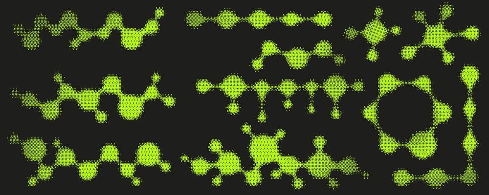 Pixel pattern molecule neon shapes. Textured cosmic elements with bitmap Y2k dither gradient. Retro icon with old computer game graphic effect. Halftone grunge illustration