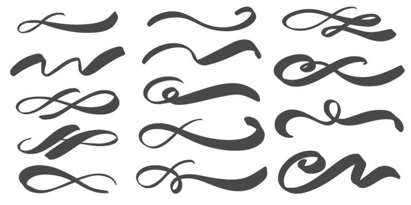 Swoosh underlines hand drawn elements. Swish swirl brushstrokes. Calligraphic elegant dividers. Curve paint tails. Flourishes and swoop vintage design